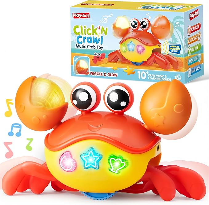 Play-Act JOVA Crawling Crab Baby Toy, Interactive Musical Crab with Intelligent Sensor & Auto-Avoiding Obstacles, Tummy Time Toy with Lights and Buttons, Gift for Toddlers Learning to Crawl