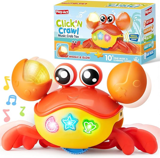 Play-Act JOVA Crawling Crab Baby Toy, Interactive Musical Crab with Intelligent Sensor & Auto-Avoiding Obstacles, Tummy Time Toy with Lights and Buttons, Gift for Toddlers Learning to Crawl