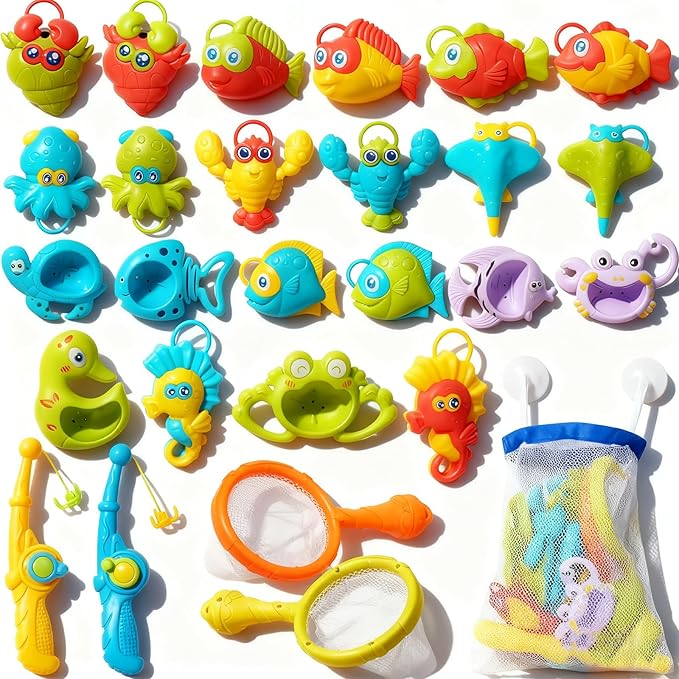 Toddler Bath Toys for Kids Ages 1-3, 26PCS Mold Free Bathtub Pool Water Table Toys with Pole Rod Net Outdoor Plastic Floating Fish and Mesh Bag, Birthday Gifts for Kids Age 3 4 5 6 7 8 Year Old