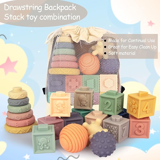 21PCS Montessori Toys for Babies,Teething Toys for Babies Months, 6 Months+, Early Educational Learning Stacking Tower, Sensory for Toddlers 1-3, Soft Rings Stacker & Teethers