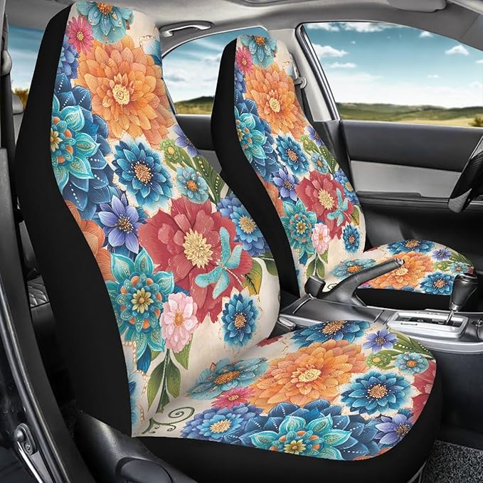 Hippie Floral Automobile Seat Cover, Universal Seat Covers for Front Seat Waterproof Elastic Polyester Car Seat Protector Covers Suitable for Cars, SUV and Trucks