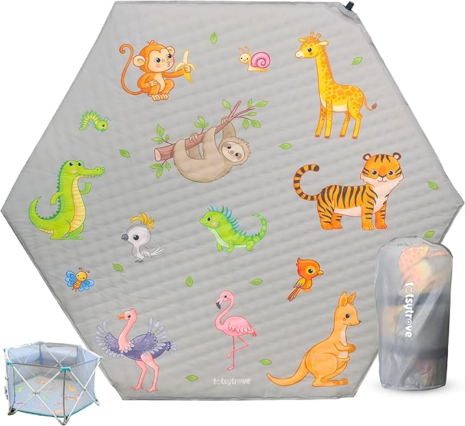 Self Inflating Hexagon Playpen Mat - 52" x 45" Non-Slip Cushioned Portable Play Area - Thick Soft Baby Play Mats for Floor - Easy Care Playmat for Infants and Toddlers - Baby Crawling Mat - Safari