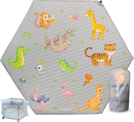 Self Inflating Hexagon Playpen Mat - 52" x 45" Non-Slip Cushioned Portable Play Area - Thick Soft Baby Play Mats for Floor - Easy Care Playmat for Infants and Toddlers - Baby Crawling Mat - Safari