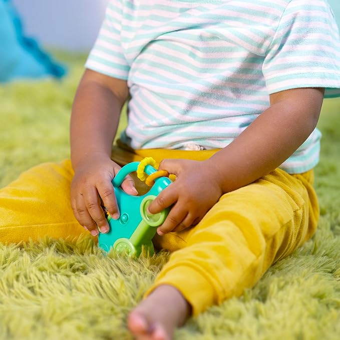 Bright Starts Safari Driver Take Along Toy with Music and Lights, Monkey, On The Go Travel Activity, Unisex, Blue, 3 Months+
