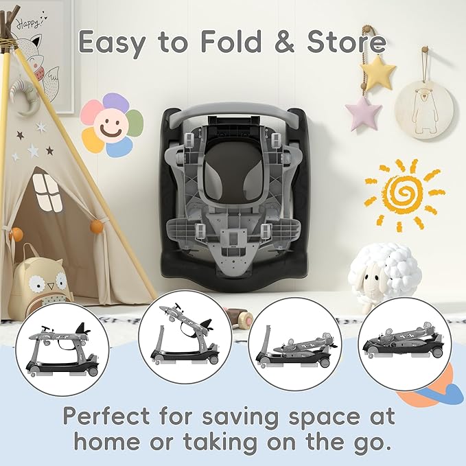 Betterhood 6-in-1 Foldable Baby Walker with Adjustable Height & Speed, Airplane-Themed Activity Push Walker with Music & Lights, Wheels, Anti-Slip Design, Suitable for Boys & Girls Aged 6-18 Months