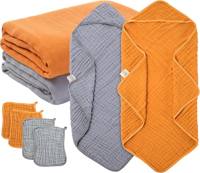 Tidy and Cozy Baby Essentials Set - Muslin Cotton and Viscose Derived from Bamboo - Hooded Bath Towels, Swaddle Blankets, Wash Cloths - Extra Soft & Highly Absorbent for Newborns, Infants, Toddlers