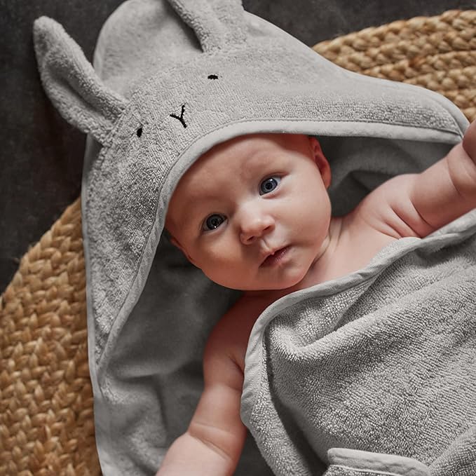 Hooded Baby Towels - 100% Organic Cotton Baby Bath Towels for Baby Boy, 32" x 32" Super-Soft and Absorbent Baby Towels for Newborn (Rabbit - Pearl Grey)