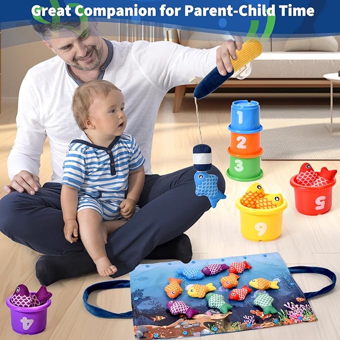 Montessori Toys for 1 Year Old - 20PCS Cloth Toddler Fishing Game with Stacking Cups,Baby Color Sorting Toy 12-18 Months One Year Old Birthday Gift,Best Easter Gifts for 1-3 Year Olds (Blue)