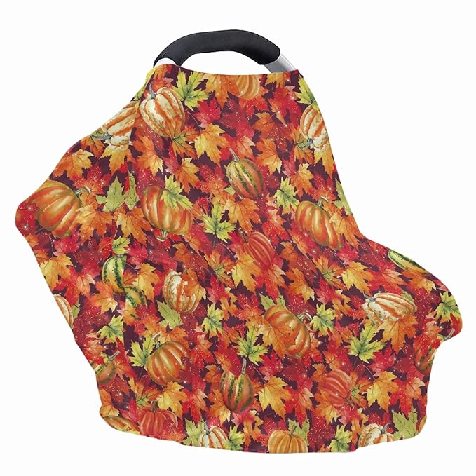 Coldinair Shiny Pumpkin Maple Leaf Print Baby Car Seat Covers for Mom Soft Carseat Canopy for Breastfeeding Fall Thanksgiving Day Decor - Boys Girls Privacy Breastfeeding Cover
