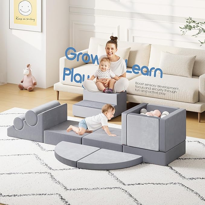 smilesun 12 PCS Foam Climbing Blocks for Toddlers with Ball Pit, Safe Soft Play Gym Set，Baby Kids' Indoor Playground Foam Blocks for Crawling, Climbing Motor Skills Development（Gray）