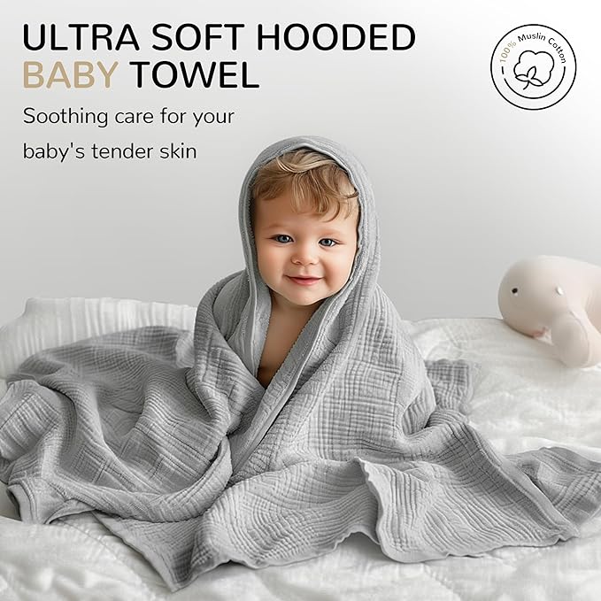 Momsnug 3-Pack Muslin Hooded Baby Towels, 100% Cotton, Ultra-Soft & Absorbent Baby Bath Towels with Hood for Babies, Infant, Toddler and Newbron(Green + Grey + Apricot，35" X 35''