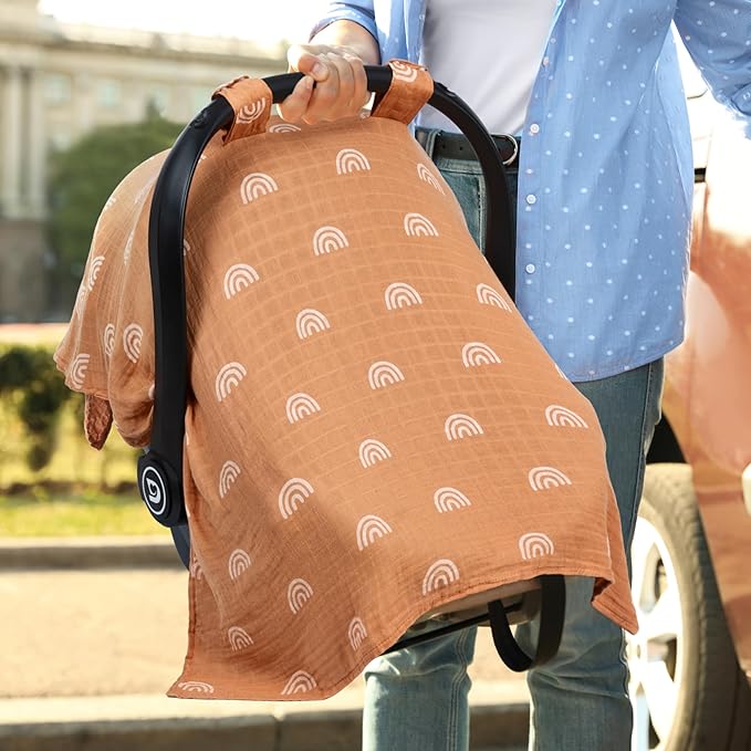 Meracorallo Muslin Baby Car Seat Cover, 2 Pack Lightweight Breathable Soft Infant Carrier Cover Carseat Canopy for Baby Boys and Girls, Rainbow & Beige