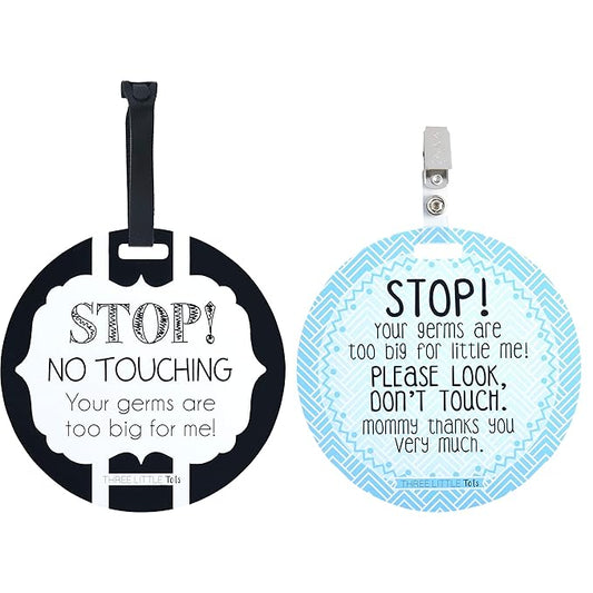 (Three Little Tots) No Touching baby Car Seat and Stroller TWO PACK- Baby Safety No Touching Car Seat Sign, Stroller Sign, Newborn Car Seat Tag- CPSIA Safety Tested (Blue Mommy/Black White)