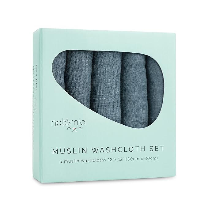 Natemia Muslin Baby Washcloths for Newborn - Premium Wash Cloths for Babies, Super Absorbent and Ultra Soft Rayon Made from Bamboo, 6 Layer Baby Girl and Baby Boy Washcloths, 5 Piece Set