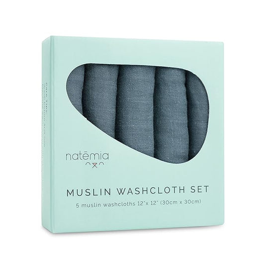 Natemia Muslin Baby Washcloths for Newborn - Premium Wash Cloths for Babies, Super Absorbent and Ultra Soft Rayon Made from Bamboo, 6 Layer Baby Girl and Baby Boy Washcloths, 5 Piece Set