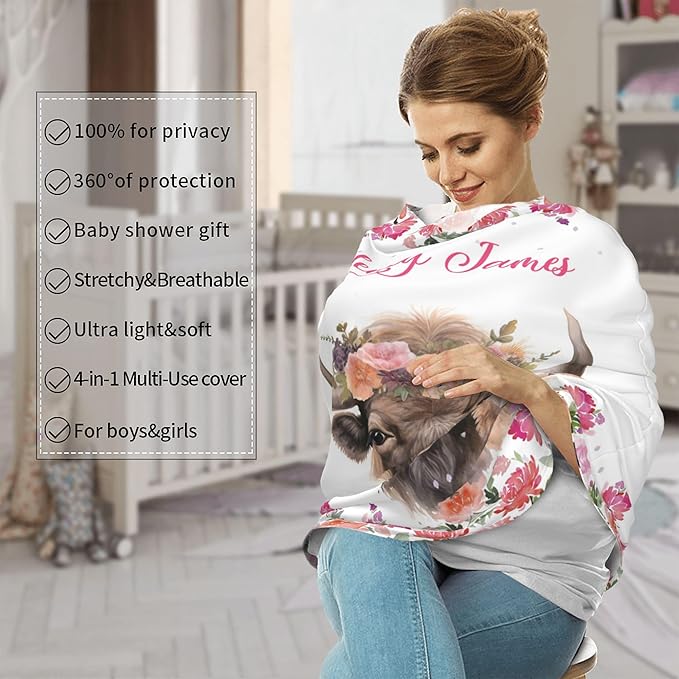 Personalized Car Seat Covers with Name, Buffalo Baby Canopy Carrier Cover, Breathable Breastfeeding Nursing Cover, Stretchy Multi-Use Infant Carseat Stroller Cover