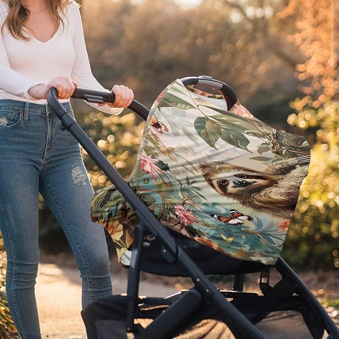 Wanyint Sloth Flower Butterfly Baby Car Seat Covers High Chair Canopy Shopping Cart Cover, Baby Breastfeeding Cover for Mothers