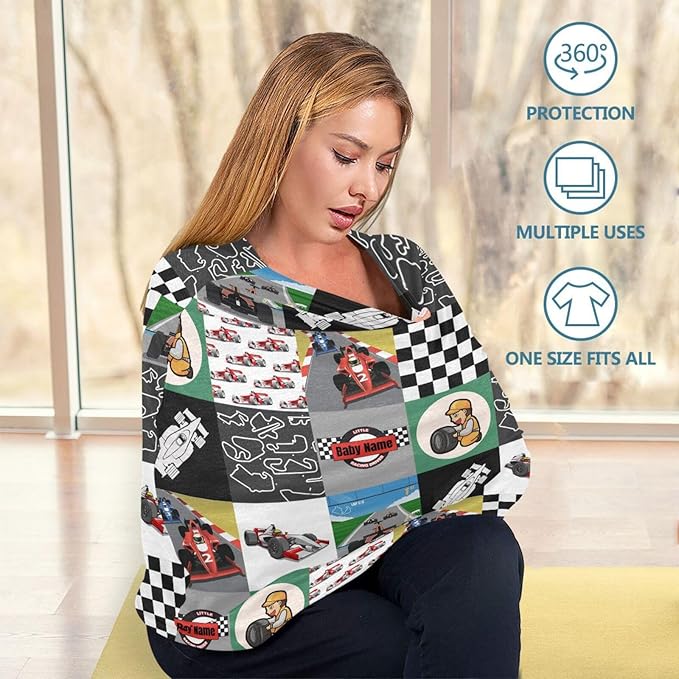 Personalized Baby Car Seat Cover for Babies, Custom Name Baby Car Seats Canopy for Boys Girls, Nursing Breastfeeding Stroller Covers for Infant Newborn, Shower Gift for Baby (Race Car)