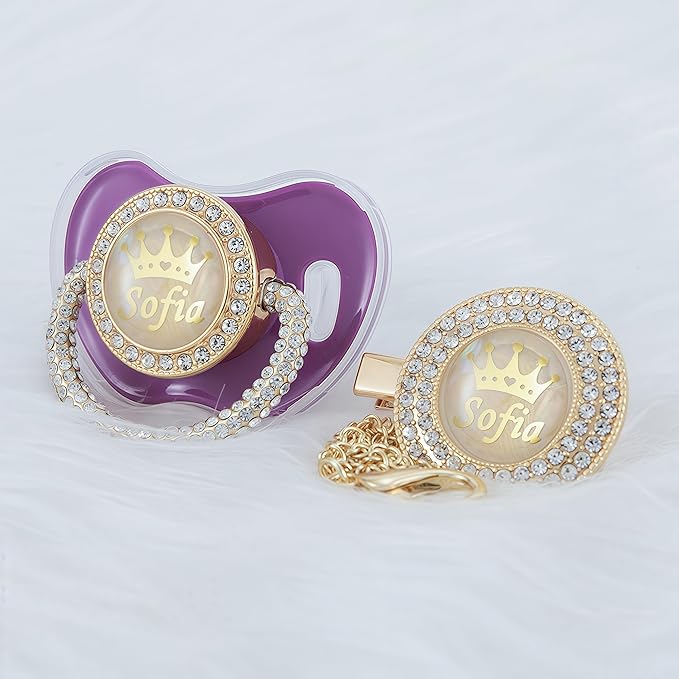 Personalized Name Anniversary All Bling Pacifier and Clip Set Gold Plated New Born Gift Photography No for Daily Use (Purple)
