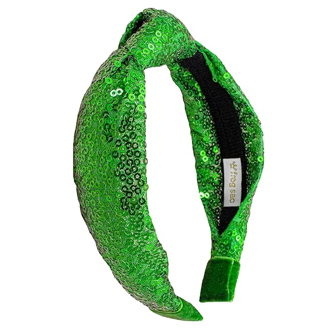 FROG SAC St. Patrick's Day Knot Headband for Girls, Green Sequin Knotted Hair Band Accessories for Kids, Sparkly Iridescent Little Girl Headbands for Children, Cute Sparkle Head Band