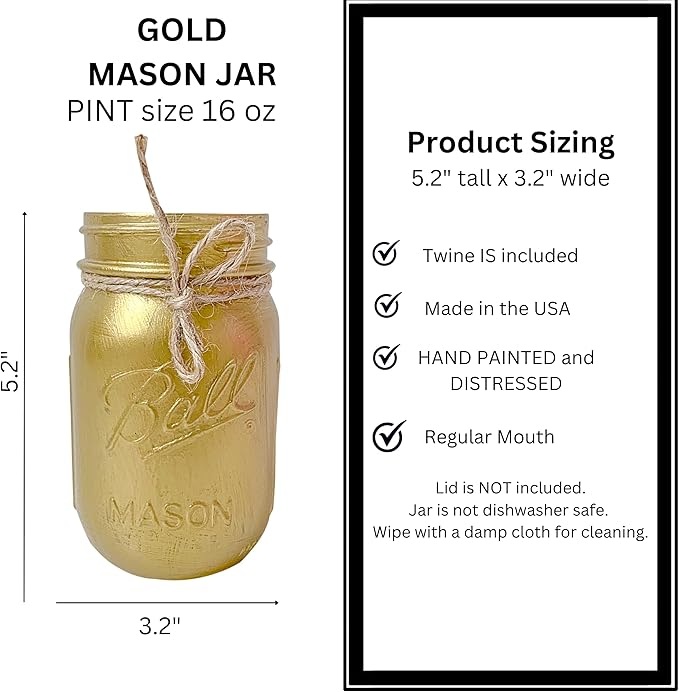 VivasFlowerShop Painted Mason Jar Centerpieces for Tables, Pint Mason Jars for Centerpieces, Small Mason Jar Pen Holder, Mason Jar Decor, Pint Size, Mason Jars for Table Centerpieces (Gold)
