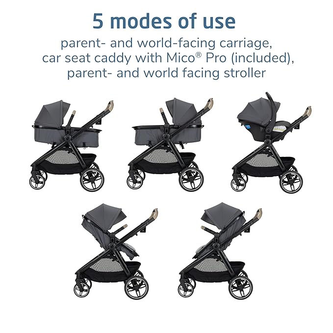 Maxi-Cosi Zelia Pro 5-in-1 Travel System with Mico Pro Infant Car Seat, Baby Stroller Combo, Reversible Seat, Large Wheels, Adjustable Handle, Newborn to Toddler, Lightweight, Sea Salt