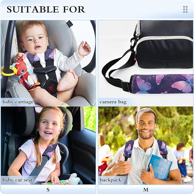CHIFIGNO Pack of 2 Purple Butterflies and Stars Seat Belt Cover Pad Cute Seat Belt Strap Cover Car Seat Shoulder Protector for Car Bag