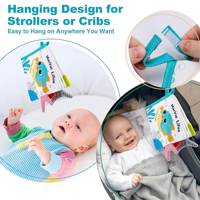 Love&Mini Baby Cloth Book Toys - Ocean Shark Crinkle Book with Teether, Touch & Feel Soft Books for Babies 6+ Months, Sensory Early Learning Toys, Baby Shower Gifts for Boys & Girls