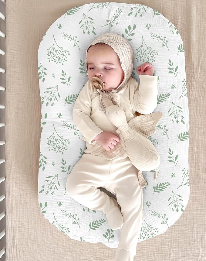 Muslin Baby Lounger Cover 2 Pack, Soft Breathable Newborn Lounger Pillow Cover for Boys Girls Infant (Leaf C & Sage)