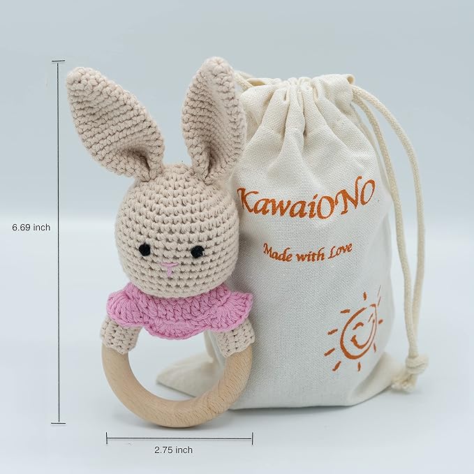 Handmade Cotton Crochet Amigurumi Rattler, Educational Baby Rattle for Teething Infants, Ideal Baby Boy Stuff, Unique Baby Stuff for New Moms, Crochet Cream Bunny Rattle Design