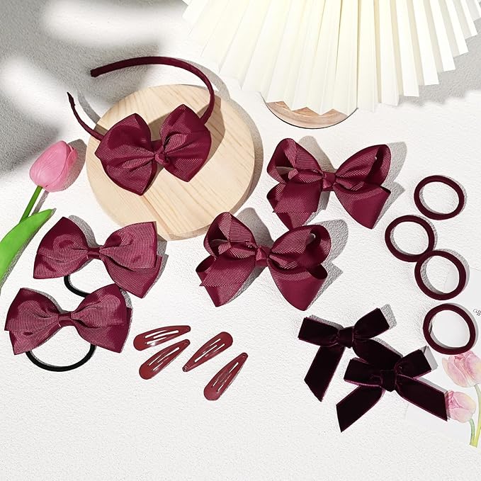 DEEKA Burgundy Uniform Hair Accessories Set, 15 Pieces - Hair Bows, Hair Clips, Headband, Hair Ties for Little Girls - School, Parties, Birthdays, Festive Celebrations