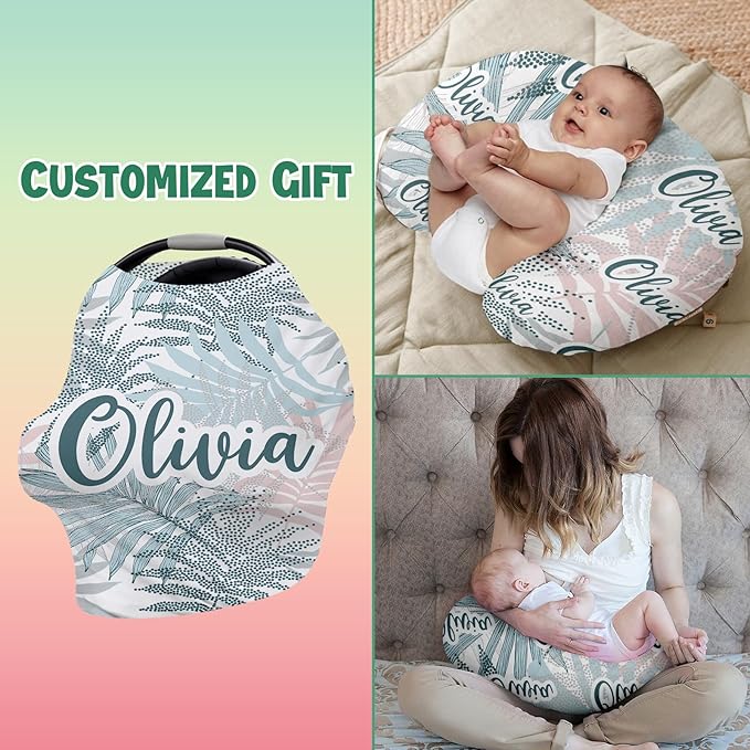 Custom Name Car Seat Canopy - Baby Car Seat Covers, Infant Stroller Cover, Grey Leaf Carseat Canopy Christmas Birthday Gifts for Girls and Boys