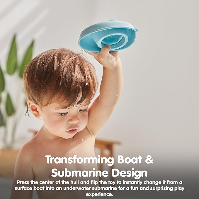 PlanToys® Pastel Blue Rubber Convertible Boat Montessori Water and Bath Play Toy | Cause & Effect, Imagination and Exploration Activity | Eco Friendly Floating Bath Toy