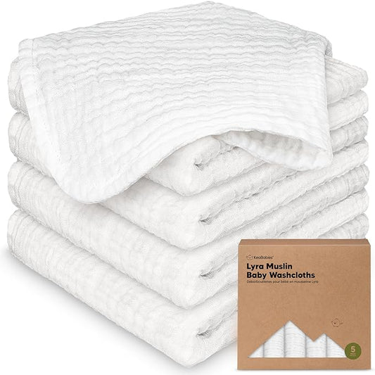 5-Pack Muslin Baby Washcloths for Newborn – 12x12" Soft Absorbent Organic Cotton Muslin Wash Cloths for Babies Girl, Boy, Infant, Toddlers, Kids Face Towel, Bath Essentials,Baby Burp Rags (Soft White)