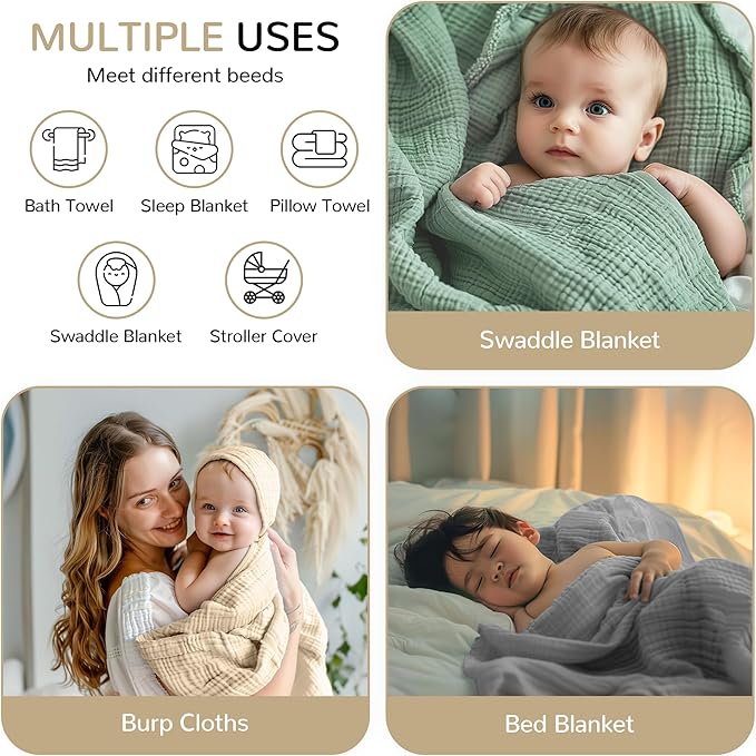 Momsnug 3-Pack Muslin Hooded Baby Towels, 100% Cotton, Ultra-Soft & Absorbent Baby Bath Towels with Hood for Babies, Infant, Toddler and Newbron(Green + Grey + Apricot，35" X 35''