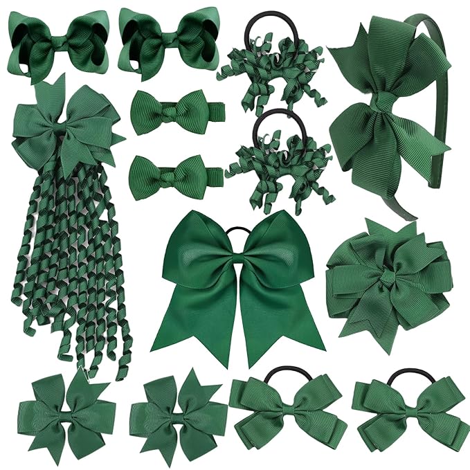 School Hair Accessories Set 14 Pcs Uniform Hair Bow Headband Clips Hair Ties Curly Korker Bows for Little Toddler School Girls (Dark Green)