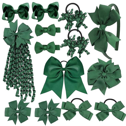 School Hair Accessories Set 14 Pcs Uniform Hair Bow Headband Clips Hair Ties Curly Korker Bows for Little Toddler School Girls (Dark Green)