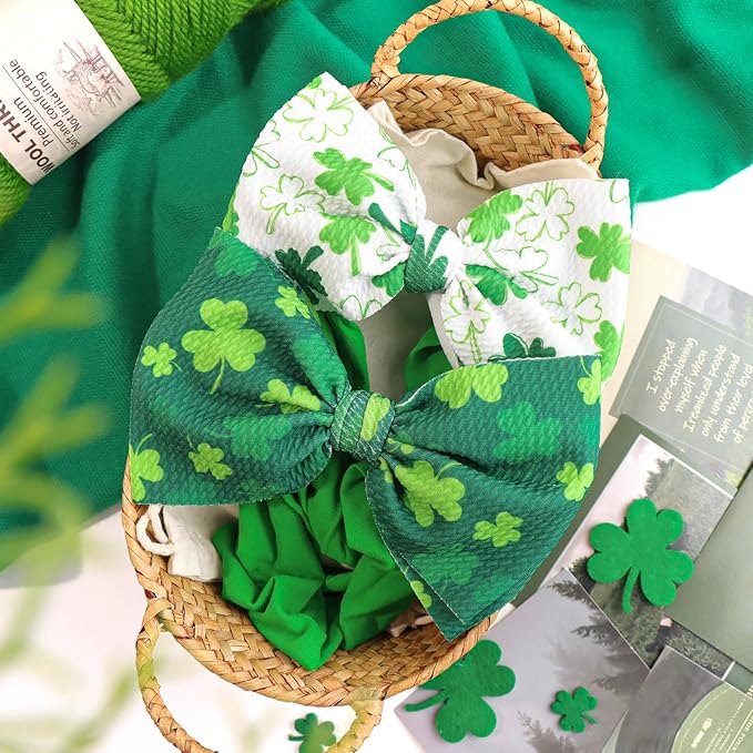 6” Large St Patricks Baby Bows Shamrock Clover Headbands Hairband Green Nylon Bows for Newborn Girls Infants Toddlers St Patricks Day Hair Accessories