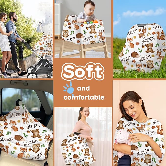 Personalized Baby Car Seat Cover Stroller Canopy: Custom Name Newborn Baby Boy Girl Elastic Animals Nursing Cover for Moms First Birthday Gift Fox Hedgehog(one Size)