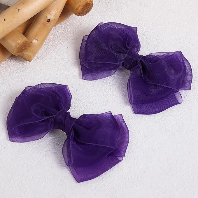 Dark Purple Mesh Hair Bows Clips 4" Organza Ribbon Hair Barrettes Alligator Hairpins for Girls Fall Birthday Wedding Party Dress Outfit Decor Accessory Teens Back to School Gift