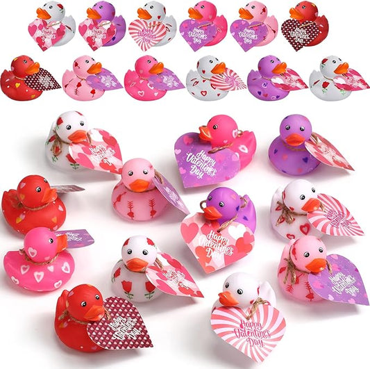 Jerify 24 Pcs 2 Inch Valentines Ducks for Kids Classroom Exchange Gifts Valentine's Day Rubber Ducks with Gifts Cards Mini Heart Rubber Duckies Valentines Party Favors Toys, 6 Styles (Pastel)