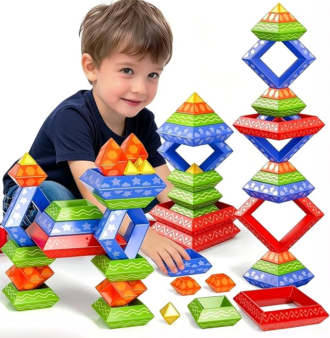 Doloowee 30 Pcs Building Blocks Toys for Ages 3 4 5 6 Toddlers, Pyramid Stacking Toys, 3D Montessori Preschool Learning Blocks for Kids, Stem Educational Pyramid Magic Tower Gifts Set