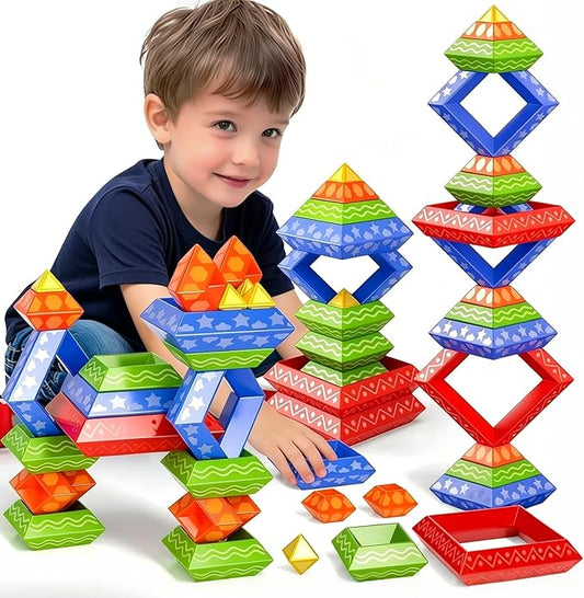 Doloowee 30 Pcs Building Blocks Toys for Ages 3 4 5 6 Toddlers, Pyramid Stacking Toys, 3D Montessori Preschool Learning Blocks for Kids, Stem Educational Pyramid Magic Tower Gifts Set