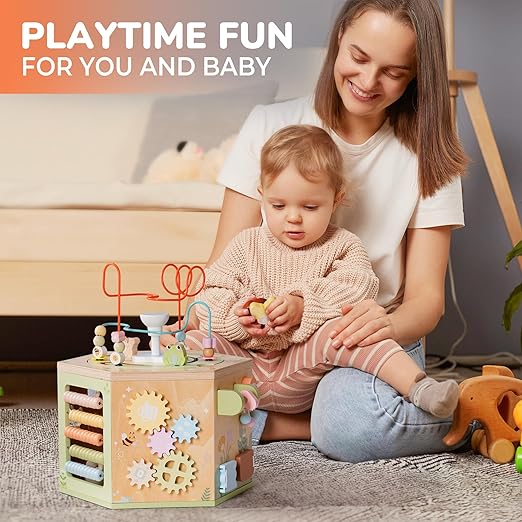 ROBUD Wooden Activity Cube, Montessori Toys for 1+ Year Old, Educational Toy with 13 Functional Areas, Fountain Garden Theme for Baby Boys & Girls