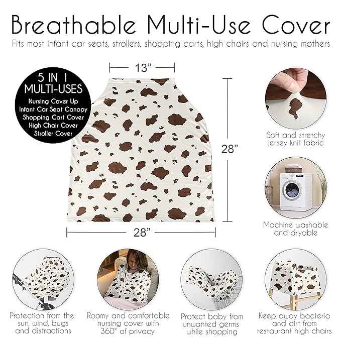 Sweet Jojo Designs Western Cow Print Boy Girl Infant Baby Car Seat Cover Nursing Breastfeeding Shopping Cart Stroller Canopy Brown and Cream Gender Neutral Southern Country Off White Wild West Animal