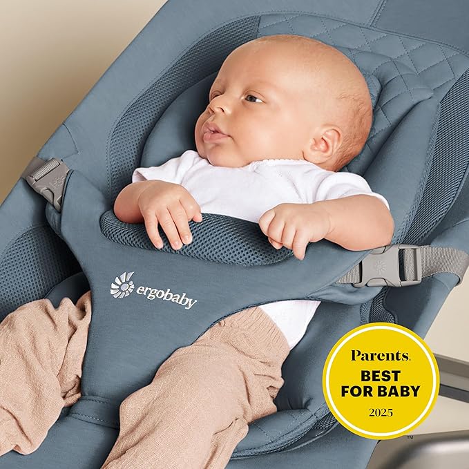 Ergobaby Evolve 3-in-1 Bouncer Seat for Babies and Toddlers 5.5-25lbs - Multi Position Baby Rocker Seat with Adjustable Heights, Secure Harness, Newborn Insert - Oxford Blue