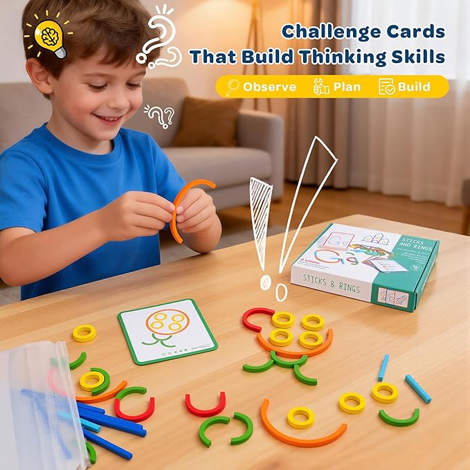 Montessori Smart Sticks Learning Set with Rings and Challenge Cards, 120PCS Creative Building Kit, STEM Toys for 3 4 5 Year Old Kids, Preschool Montessori Learning Activities