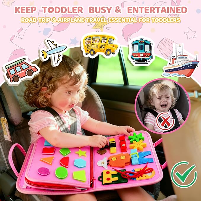 Toddler Busy Board Montessori Toys for Toddler 1-3 Year Old, Girl Birthday Gift, Preschool Educational Montessori Busy Book Board, Felt Sensory Activity Board Sorting Toy Age 2-4 with Fine Motor Skill