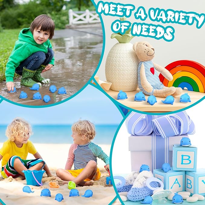 RoundFunny 30 Pcs Whale Rubber Bath Toys Glow in the Dark Mini Sea Animal Blue Squeezable Squeak Toys for Beach Pool Shower Play Floating Favors Carnival Decoration
