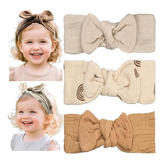 Baby Girl Elastic Muslin Hair Bow Headband, Top Knottedd Solid and Floral Headwrap for Newborn, Infant, Toddlers (CJkhakiset)